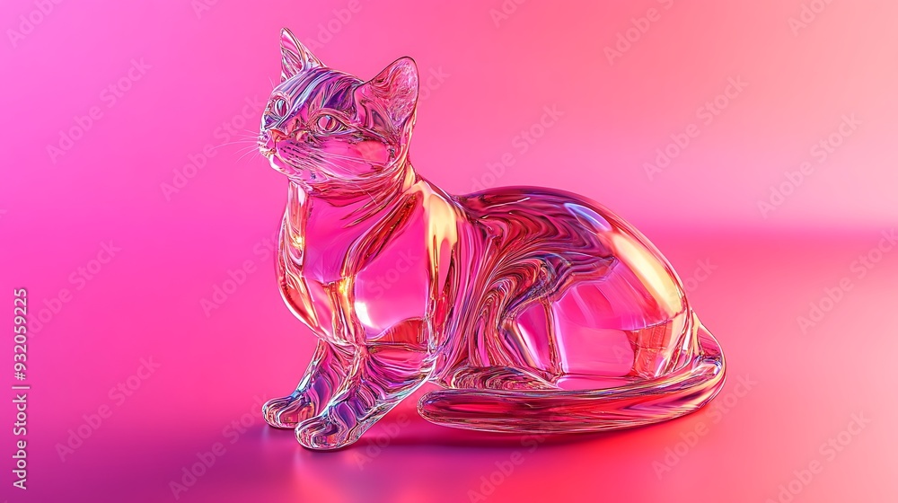 Aufkleber futuristic 3d render of reflective glass cat in neon style on fuchsia background with playful postur
