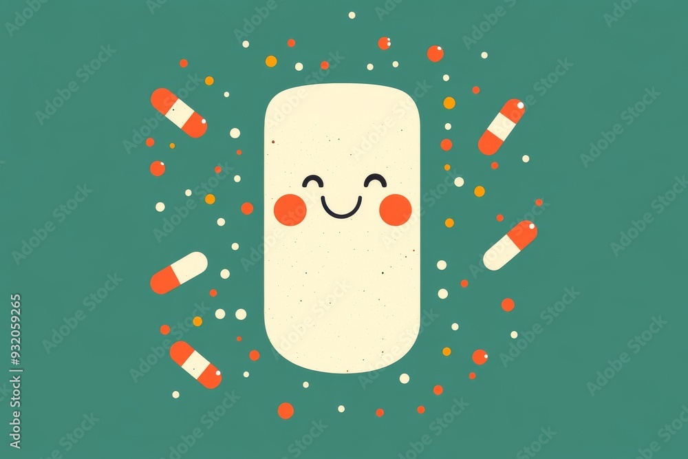 Poster playful illustration of a smiling capsule with floating pills on a green background symbolizing posi