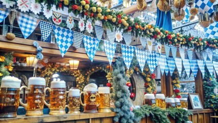 Fototapeta premium Festive Bavarian Beer Bar Decorated with Flags and Garland