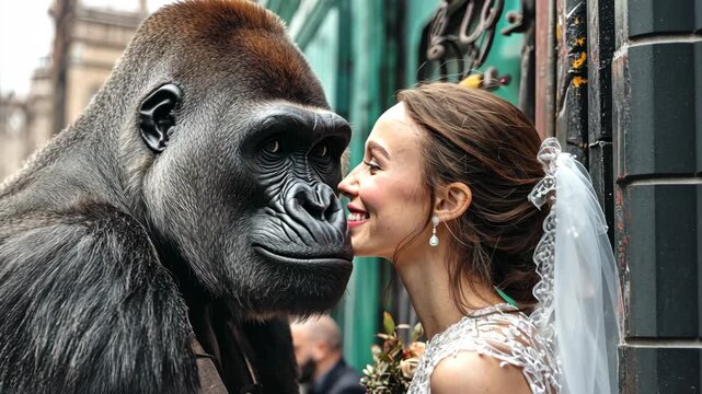 A bride shares a heartwarming moment with a curious gorilla, capturing a blend of joy and wonder in an unexpected location