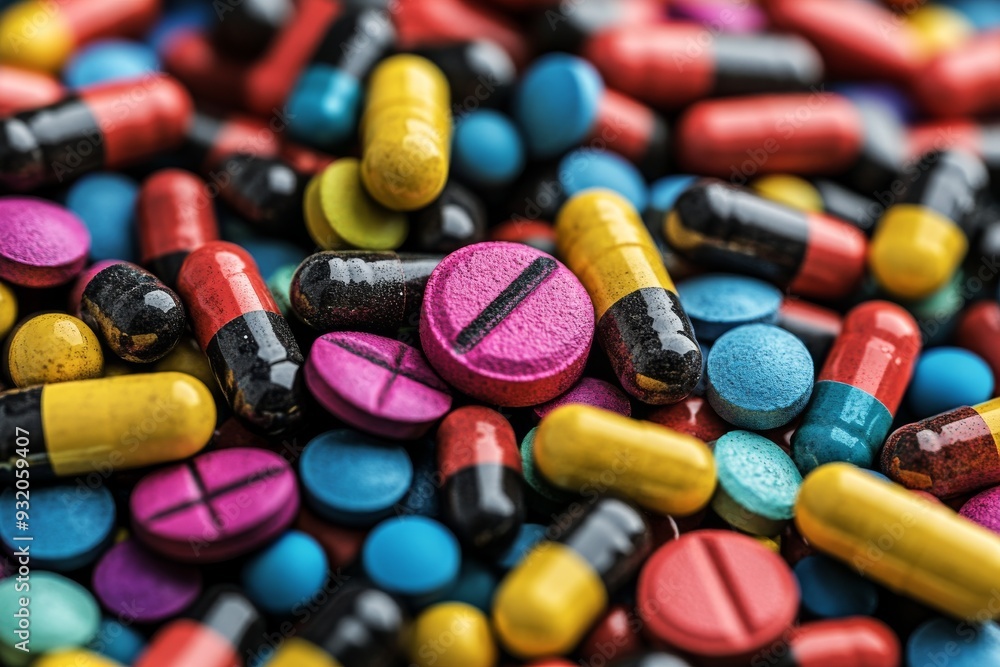 Poster colorful and dynamic close up of various pills and capsules on a dark background representing the va