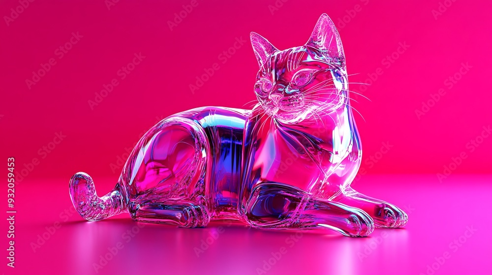 Aufkleber neon glass cat - playful 3d render with fuchsia background and soft shadows