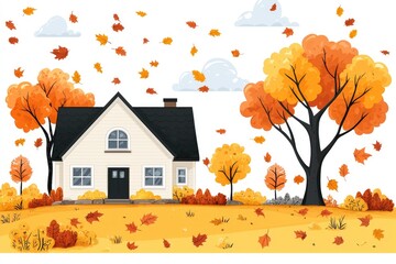 Autumn House with Falling Leaves