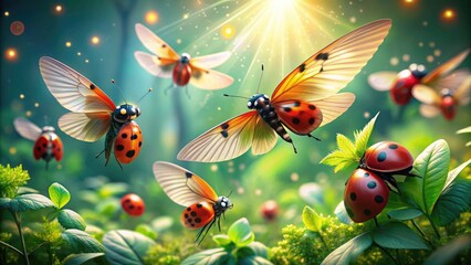 Delicate ladybugs with iridescent wings spread wide, hovering above lush green foliage, capture the magic of whimsical summer moments in warm, soft, natural light.