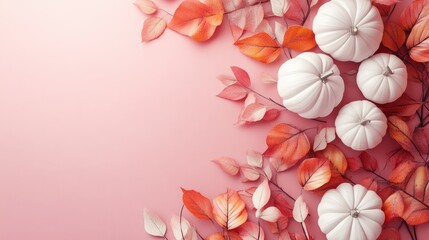 White pumpkins and autumn leaves on pink background