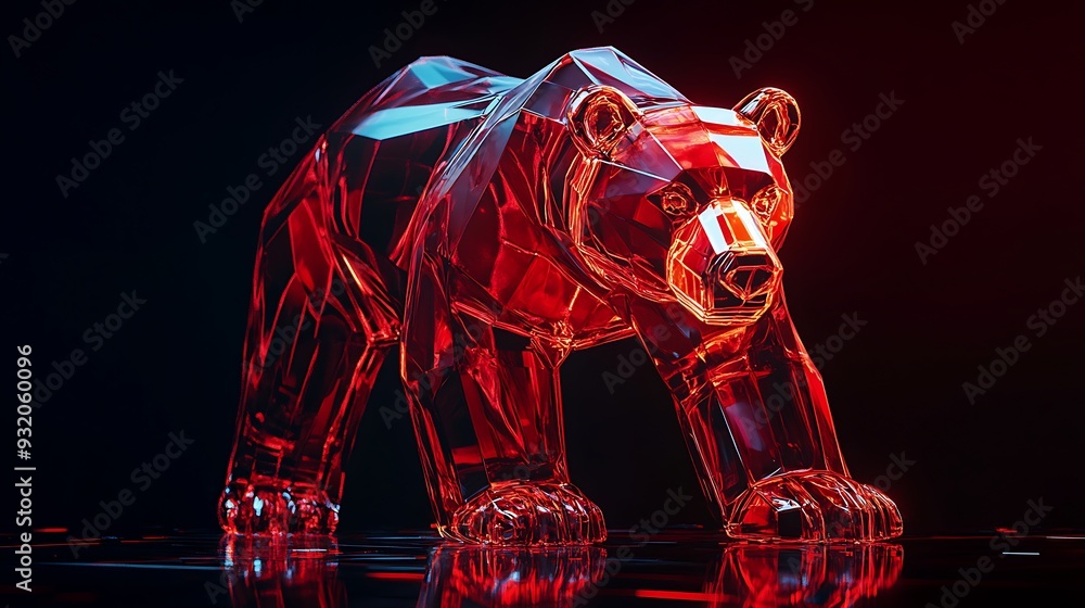 Poster glowing glass bear in neon style with crimson background - 3d render with dynamic reflections