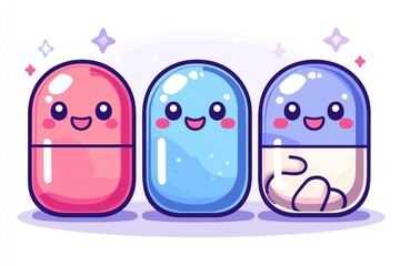 Obraz premium Vibrant and adorable cartoon capsule characters with happy faces on a light background representing the joyful and friendly side of healthcare