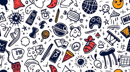A seamless pattern of doodles with recess fun items such as swings, slides, jump ropes, and hopscotch patterns, mixed with playground balls and seesaws, in a vibrant and playful color scheme,