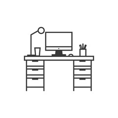 A Desk With A Computer Lamp Pencil Holder And Drawers