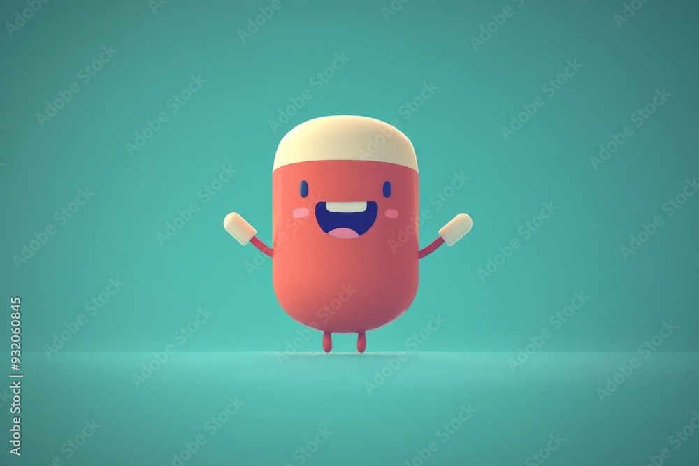 Poster playful and minimalist cartoon of a single capsule character with a smiling face on a teal backgroun