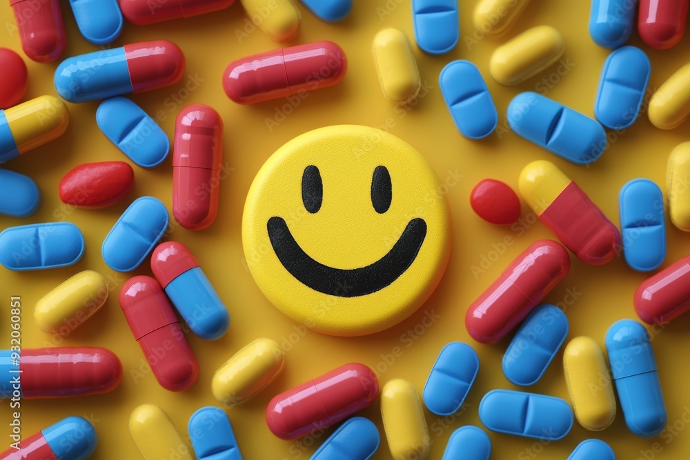 Poster vibrant and colorful pattern of scattered pills and capsules with a central smiley face symbolizing 