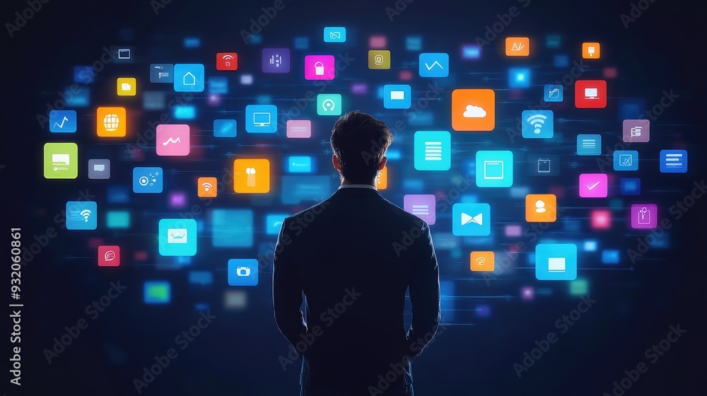 Poster businessman standing in front of a digital screen, with business-related app icons floating around h