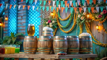 Fototapeta premium Wooden Barrels with Beer and Festive Decorations