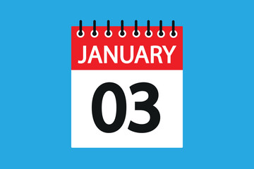 03 January. 3rd january professional modern exclusive daily calendar design. Meeting schedule flat icon icon design. White and red color paper. White,black color text. Vector illustration eps 10.