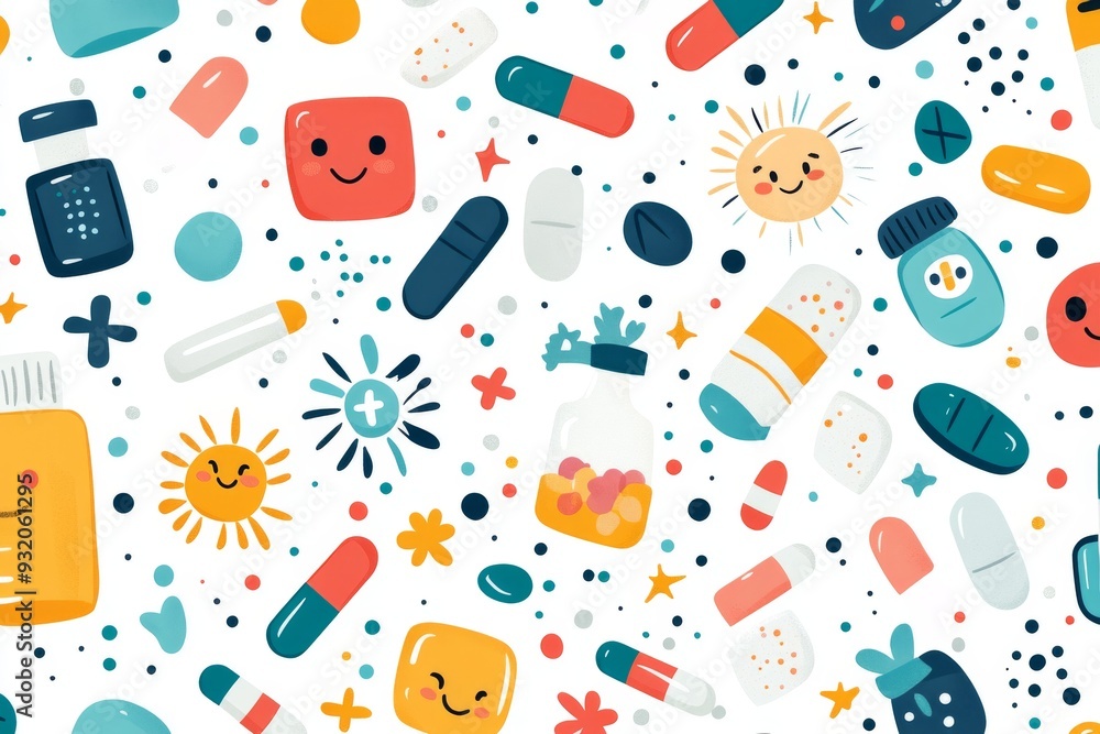 Aufkleber whimsical pattern of various colorful pills and capsules on a white background symbolizing creativit