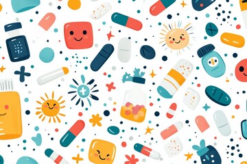 Whimsical pattern of various colorful pills and capsules on a white background symbolizing creativity and diversity in healthcare