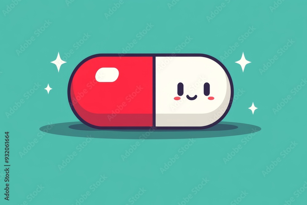 Poster minimalist illustration of a single red capsule with a smiling face on a teal background representin