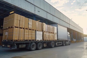 Boxes packed and loaded into large truck outside logistics center
