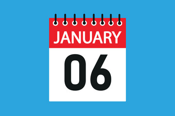 06 January. 6th january professional modern exclusive daily calendar design. Meeting schedule flat icon icon design. White and red color paper. White,black color text. Vector illustration eps 10.