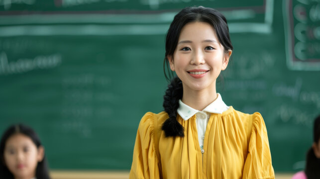 A cheerful asian teacher stands confidently in front of her students, celebrating their dedication on World Teachers Day
