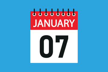07 January. 7th january professional modern exclusive daily calendar design. Meeting schedule flat icon icon design. White and red color paper. White,black color text. Vector illustration eps 10.