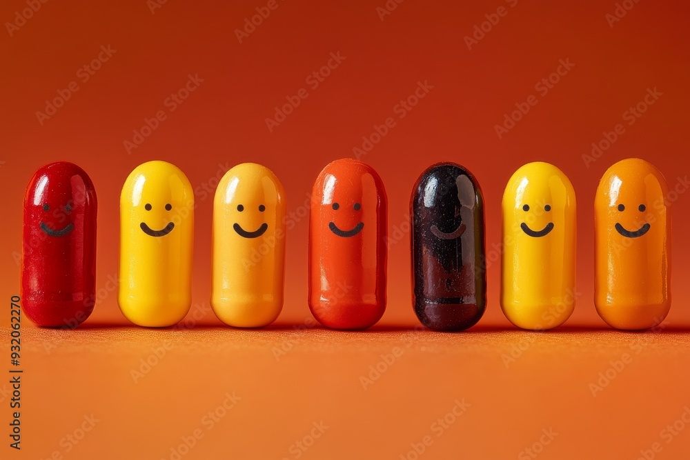Poster minimalist design of pill characters lined up on an orange background symbolizing unity and simplici