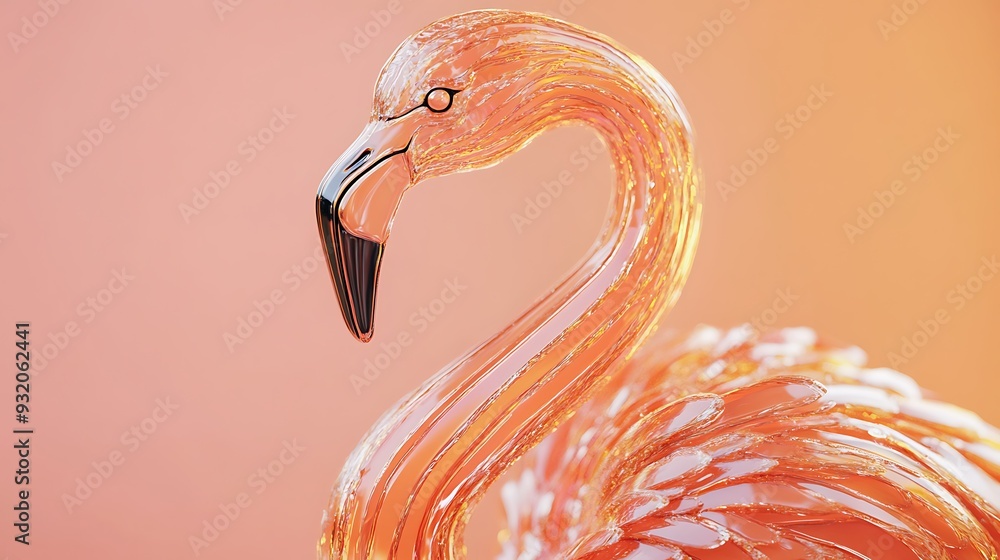 Aufkleber vibrant 3d render of sparkling glass flamingo in neon style on peach background with soft lighting