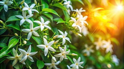 Delicate, star-shaped jasmine flowers bloom in abundance on a lush green vine, emitting a sweet fragrance and radiating elegance in the warm, soft sunlight.