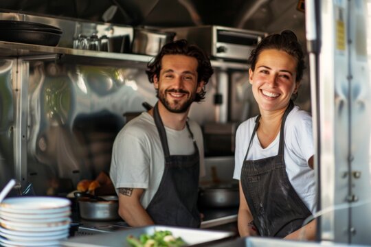Male and female food truck owners working together