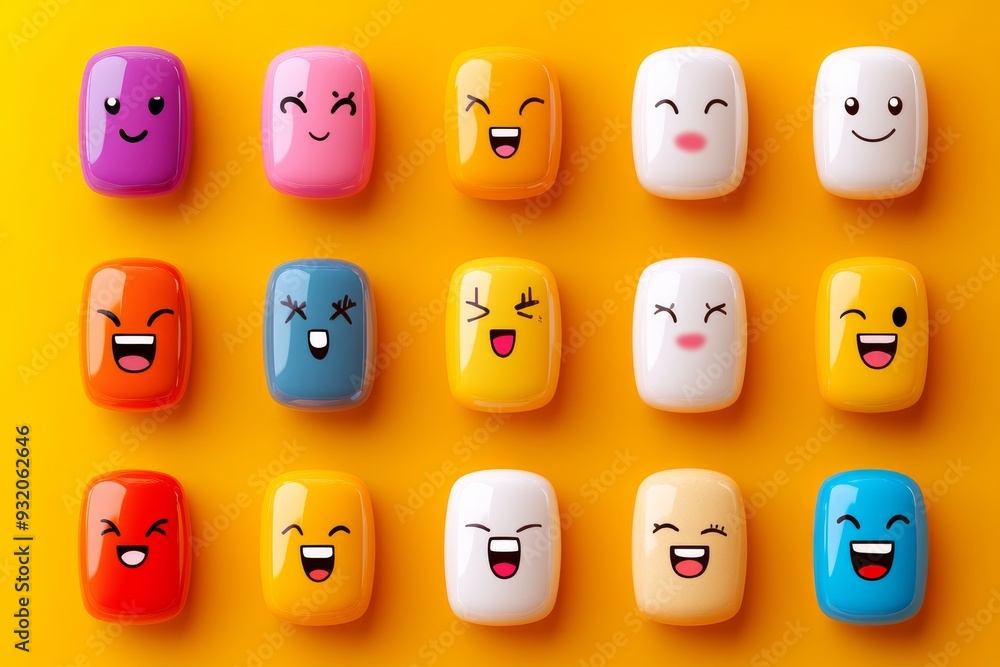 Poster playful and colorful illustration of various pill characters with different emotions symbolizing div