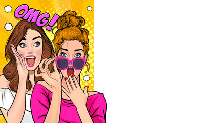 Woman whispering gossip secret to her friend surprise In Retro Vintage Pop Art Comic Style