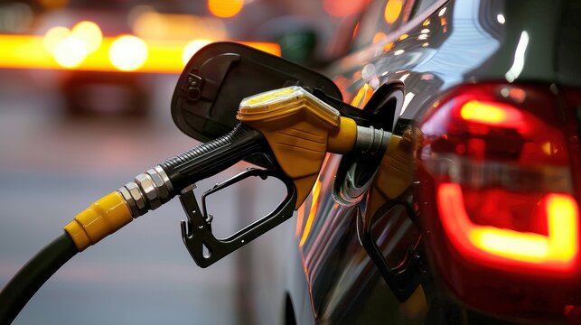 Close up of a fuel pump refueling a car at a gas station, highlighting the fuel nozzle inserted into the vehicle's tank. The image captures the refueling process in detail.