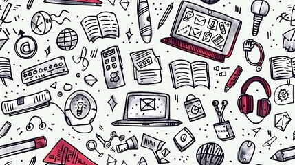 A seamless pattern of doodles with tech class essentials such as laptops, tablets, headphones, and coding symbols, alongside fun items like circuit boards and microchips,