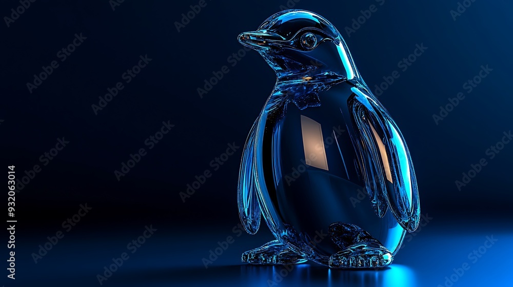 Aufkleber gleaming glass penguin in neon style - 3d rendering with high resolution details on midnight blue ba