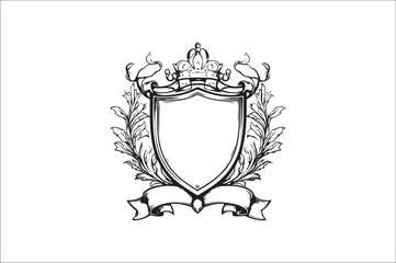 
Crown headed Shield silhouette.  Heraldic emblem crest shield with crown on white background.