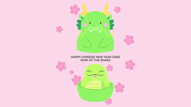 Chinese new year of the snake 2025 horizontal video. Zodiac dragon and zodiac snake animation for lunar new year 2025 greetings.