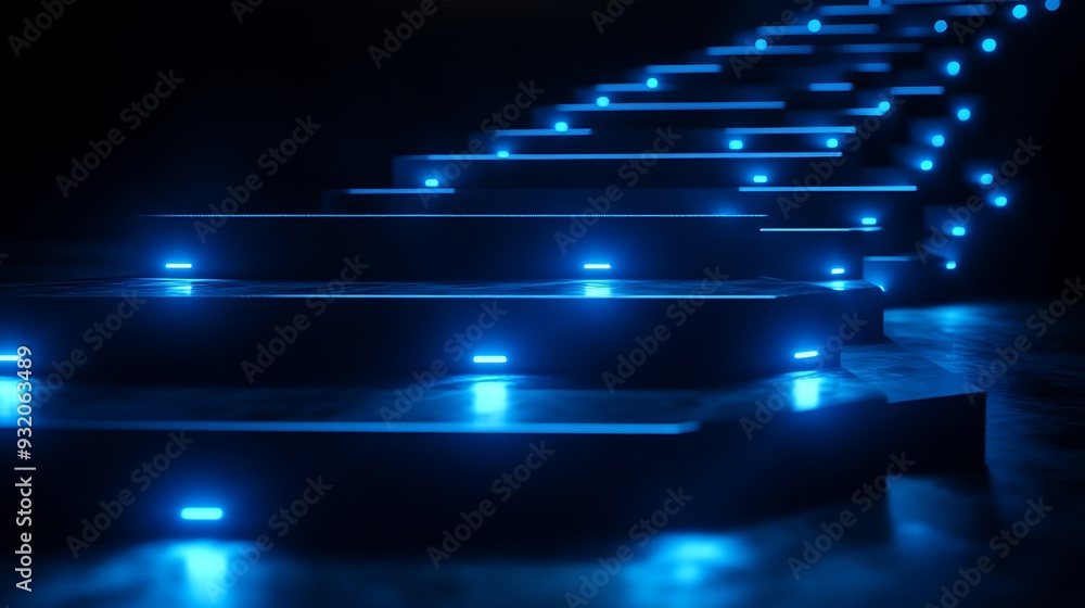 Aufkleber illuminated blue floating steps in dark space - 3d render low angle view
