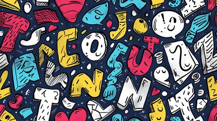 Obraz premium A seamless pattern showcasing a jumble of colorful letters and numbers, each in a different font style, overlapping and intertwined, on a light blue background, lively and dynamic, hd quality.