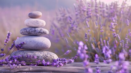 Lavender fields with stones and lavenders on a wooden desk. Pastel-colored spa still life. Make a copy of the space