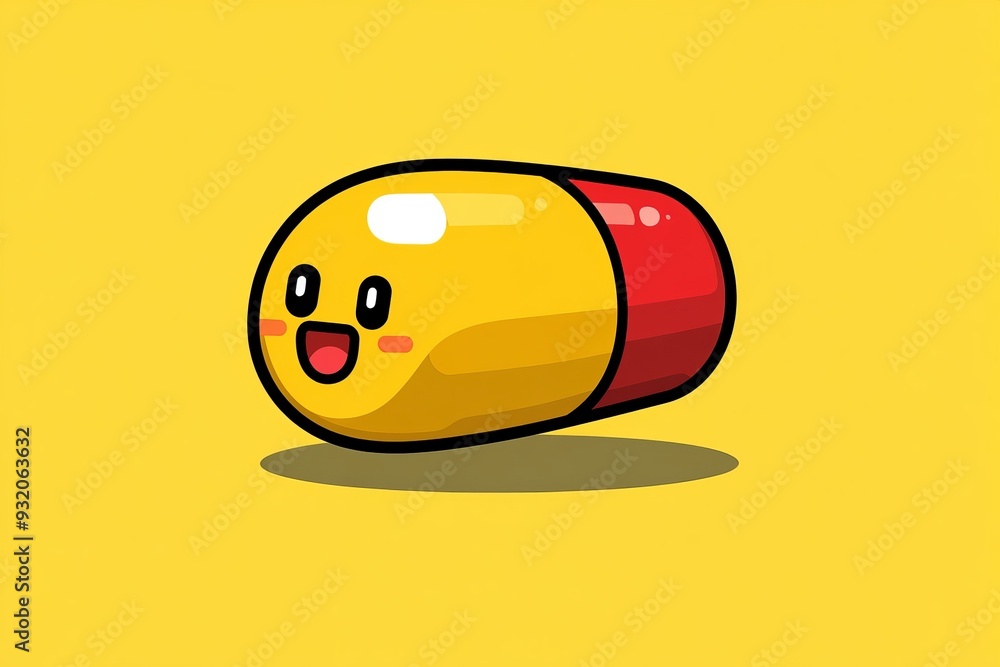 Poster cartoon style yellow and red pill capsule with a happy face representing positive experiences in med