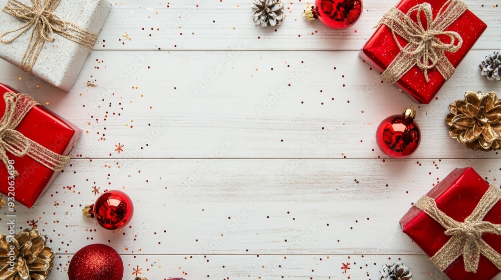 Poster Festive Christmas Gift Background with White Wooden Plank Texture - A white wooden plank background adorned with Christmas presents, red ornaments, and pinecones, creating a festive and joyful ambianc