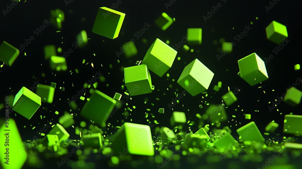 Poster futuristic neon green cubes floating in dark space - 3d render low angle view