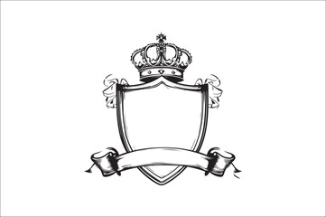Obraz premium Crown headed Shield silhouette. Heraldic emblem crest shield with crown on white background.