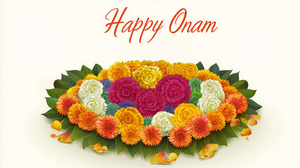 Illustration, traditional indian pookalam, text " Happy Onam". south Indian festival, happy Onam greetings background. Background for Indian Onam festival, annual harvest and cultural festival related