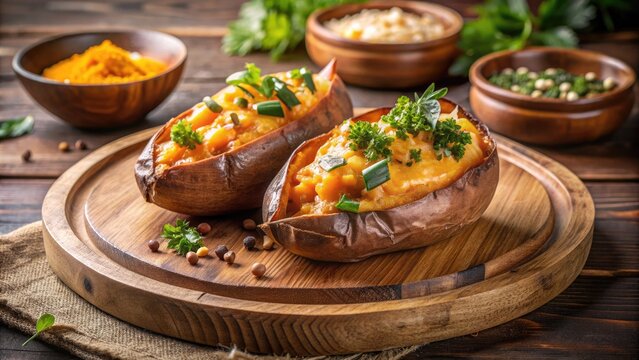Deliciously baked sweet potato with a slightly caramelized crust, served on a wooden plate, exuding warmth and inviting aromas from a traditional Japanese-style bakery.