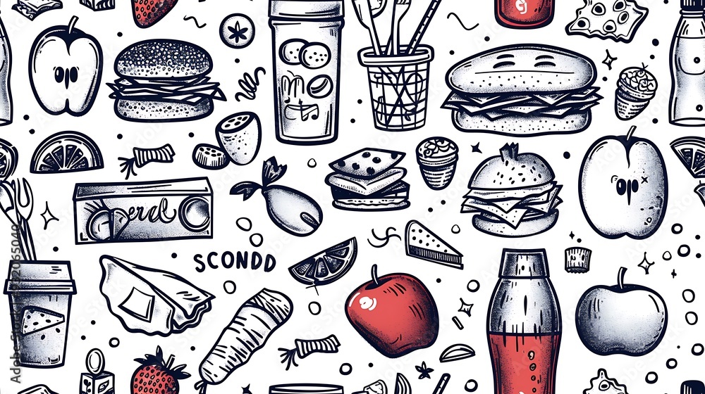 Poster A seamless pattern showcasing doodles of lunchbox items such as sandwiches, apples, juice boxes, and cookies, mixed with fun snack elements, in bright and cheerful colors, on a light blue background,