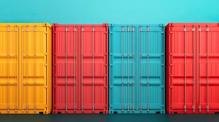 Fototapeta premium Colorful shipping containers in vibrant hues create a striking visual against a teal background, perfect for transportation themes.