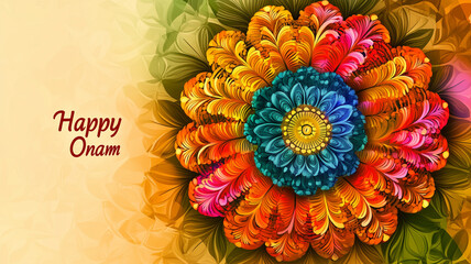 Illustration, traditional indian pookalam, text " Happy Onam". south Indian festival, happy Onam greetings background. Background for Indian Onam festival, annual harvest and cultural festival related