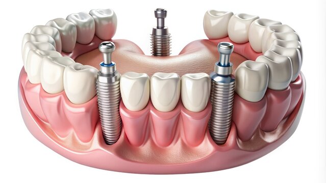 Dental illustration of implant-supported overdentures, showcasing prosthetic teeth attached to dental implants with a natural-looking gum line and surrounding bone structure.