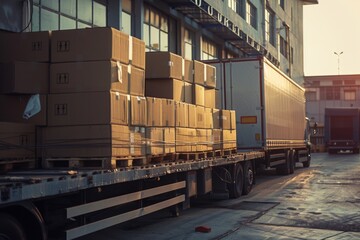 Boxes packed and loaded into large truck outside logistics center